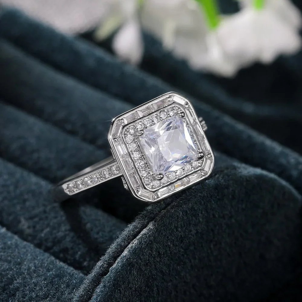 😍Luxury Engagement Clear Gem CZ Large Square Noble Thin Wedding Ring, K864
